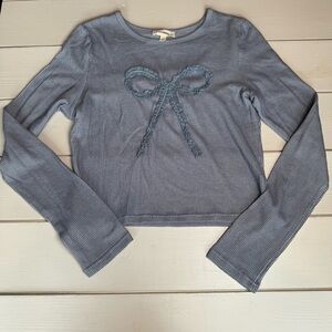 ee:some Light Blue Ribbed Long Sleeve Top with Textured Bow Detail